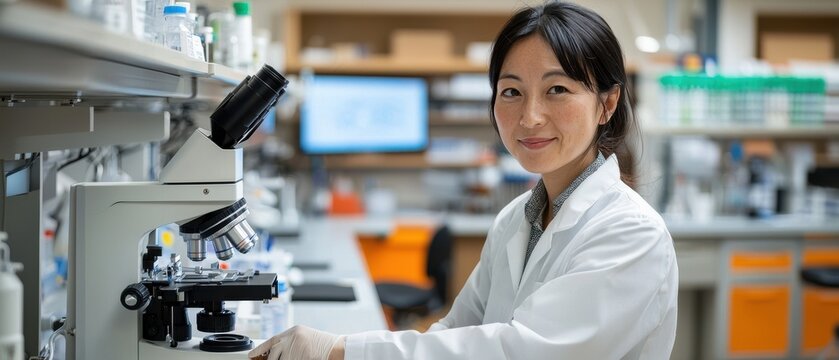 Scientist working in a laboratory with a microscope and equipment. - Powered by Adobe