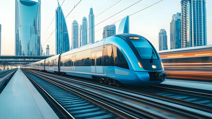 Naklejka premium Modern Blue High-Speed Train Arriving At A Busy City Center Station With Glass Skyscrapers In The Background
