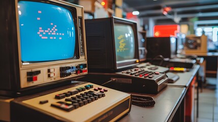 Fototapeta premium Vintage computers on display in a retro museum