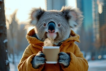 Amusing animals. Zoo animal support. Happy cute adult animal koala in winter warm clothes, holding hot coffee with rising steam in paws. Animal safety ad. Wild animal habitat ads. Zoo pet ads.