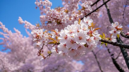 Obraz premium Cherry blossoms in full bloom against blue sky