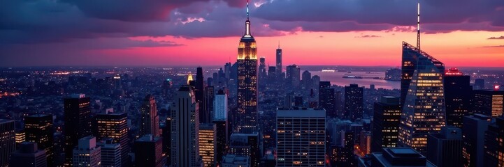 Fototapeta premium Manhattan skyline at dusk, vibrant skyscraper lights , skyline, skyscrapers, night view