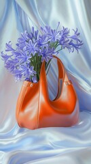Elegant orange handbag filled with vibrant purple flowers on silky fabric background showcasing a stylish decor concept