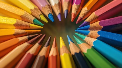 Digital art of multicolored figures holding pencils in a circular formation, representing innovative and inclusive customer strategies in sales, smooth gradients, high detail