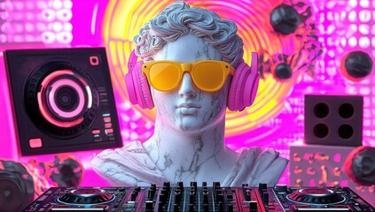 Apollo DJ Sculpture with Headphones and Sunglasses in a Vibrant Cosmic Background