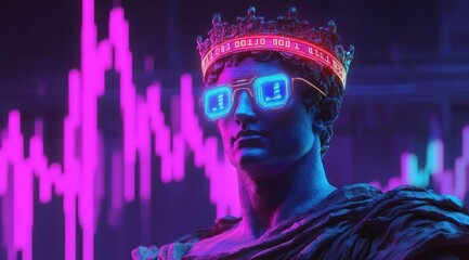 Futuristic Apollo Bust with Neon Glasses and Vibrant Financial Background