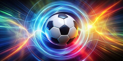Naklejka premium A vibrant, swirling energy field surrounds a glowing soccer ball against an abstract background, conveying dynamic movement and kinetic energy , vortex, dynamic movement
