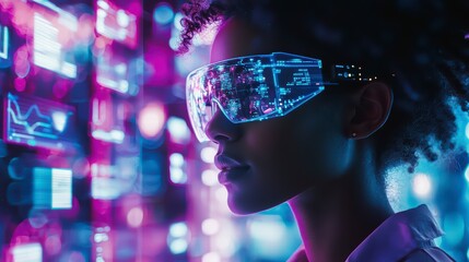 Visionary Interface: A person wearing high-tech eyewear interacts with an immersive, futuristic interface, visualizing digital information through a spectrum of neon colors.