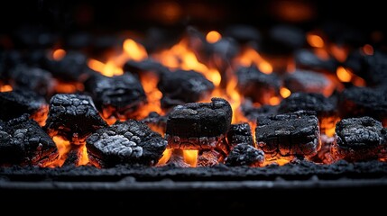 Ignited Charcoal Briquettes Glowing with Intense Heat for Outdoor Cooking