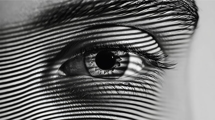A close-up of an eye with artistic lines creating a striking black-and-white visual effect, emphasizing depth and emotion.