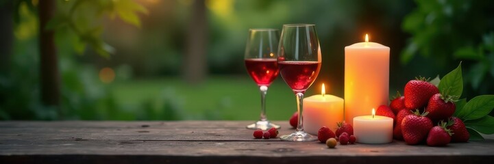 Wine glasses shimmer, candles glow on rustic table outdoors , old, drinks