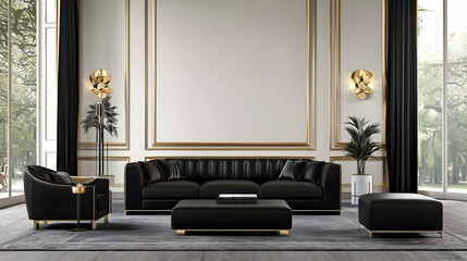 Elegant Living Room Interior With Black And Gold Furniture Neutral Walls and Gray Carpet By Window