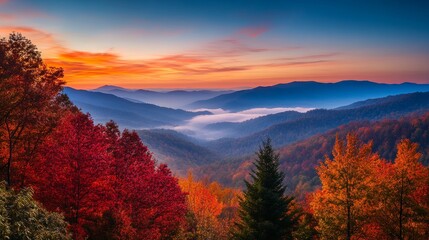 Autumnal Mountains at Sunrise: A Scenic Vista of Nature's Splendor