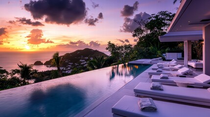 Fototapeta premium Luxury Villa at Sunset: A captivating villa with an infinity pool overlooking a tranquil bay under a stunning sunset, perfect for luxury travel and relaxation.