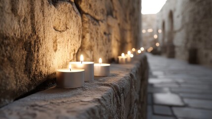 A row of flickering candles lines a stone passageway, casting gentle light in a timeless and ancient architectural setting.