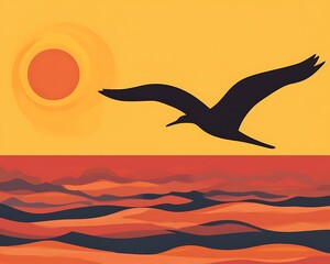 Naklejka premium A silhouetted bird is flying over orange desert waves near the sun