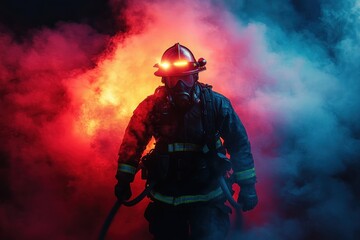Naklejka premium Heroic Firefighter in Vibrant Smoke with Axes and Gear