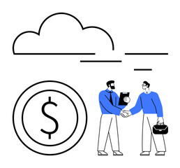 Two professionals shake hands under a cloud with a large dollar coin icon symbolizing finance, collaboration, and technology. Ideal for finance, business, cloud computing, agreement, teamwork