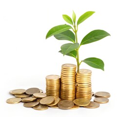 gold-coins-and-plant-isolated-on-white