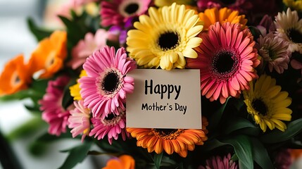 Colorful gerbera daisies bouquet with a Happy Mother's Day card.
