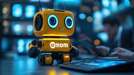 Whimsical Yellow Robot Exploring Technology Landscape with Human Interaction