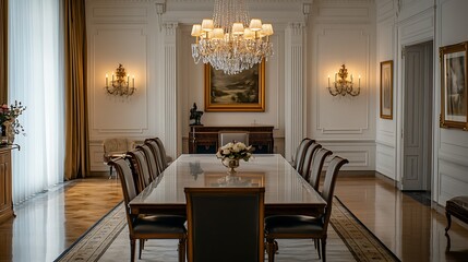 Elegant dining room with large table, chandelier, and classic decor.