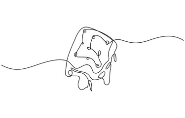 Сheese in continuous line art drawing style. Wheel of cheese with holes and a piece cut from it, Minimalist black linear sketch isolated on white background.