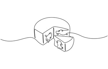 Obraz premium Сheese in continuous line art drawing style. Wheel of cheese with holes and a piece cut from it, Minimalist black linear sketch isolated on white background.