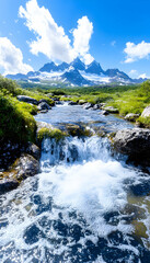 Mountain river flows downward. Lush landscape