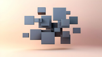 Abstract 3D Render of Floating Gray Cubes Against A Pastel Pink Backdrop in Minimalist Style