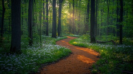 Obraz premium Winding path in sunlit forest at dawn