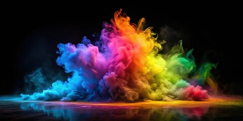 Vibrant colorful gradient splash on a black background with smoke in spotlight creates a dynamic atmosphere, abstract art, dark background