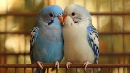 Obraz premium Delightful Budgerigars in Intimate Pose Affectionate Bird Pair Close-Up