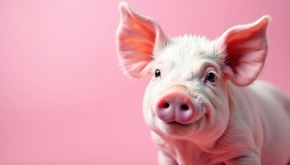 Close-up of a pig's face, soft pink background, face, agriculture