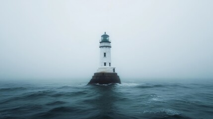 Fototapeta premium A steadfast lighthouse emerges from the vast, foggy seascape, symbolizing resilience as it stands tall in the enveloping misty waters.