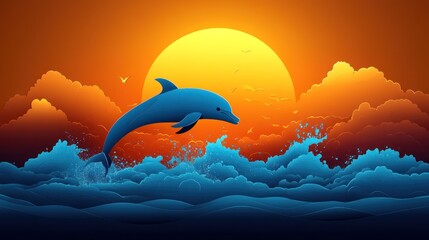 Majestic Dolphin Leaping Through Ocean Waves at Dramatic Sunset Illustration