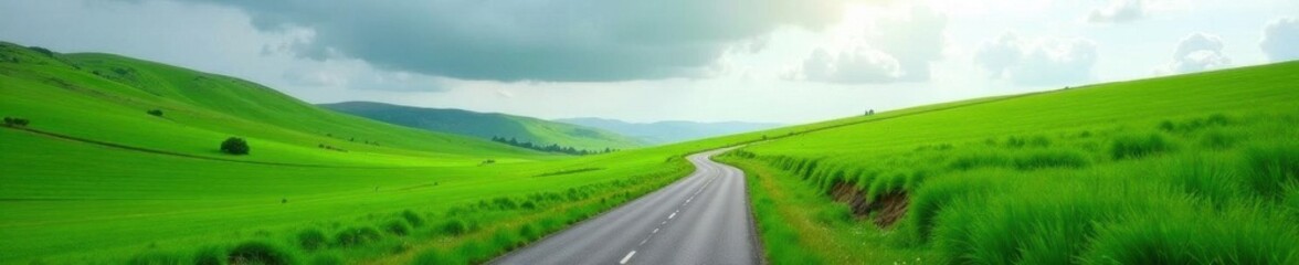Fototapeta premium Grey sky over winding lane, lush green fields , nature, cycling, asphalt