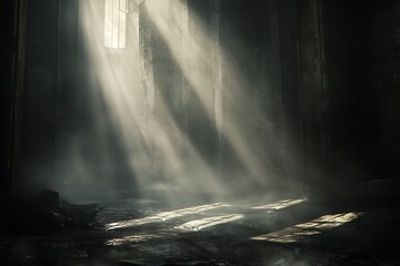 Dimly Lit Space with Beams of Light Creating a Mystical Atmosphere