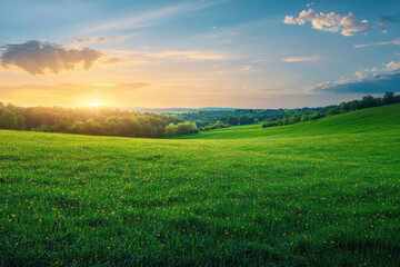 Obraz premium Scenic landscape of a lush green meadow with a vibrant sunset casting warm hues over the horizon and fluffy clouds scattered across the sky.