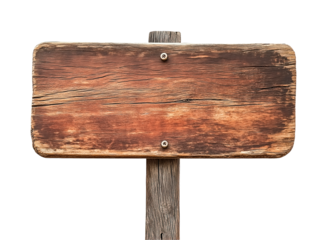 Blank wooden guidepost with vintage texture for directional signage and information display isolated on white or transparent background