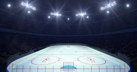 Spectacular ice hockey rink ready for match in a sports hall full of spectators, professional ice hockey 4k animation as endless loop background.