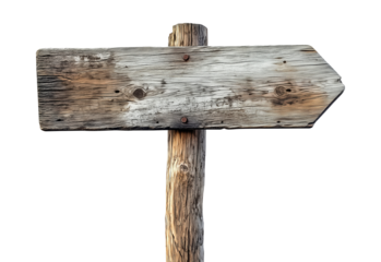 Vintage wooden guidepost sign with empty space for direction and information against a white or transparent background