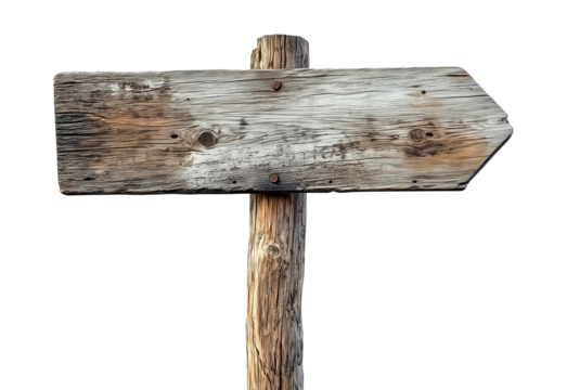 Vintage wooden guidepost sign with empty space for direction and information against a white or transparent background