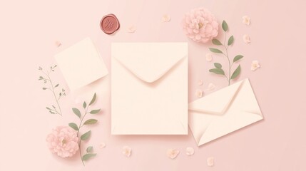 Elegant, pastel-toned stationery with envelopes, flowers, and greenery