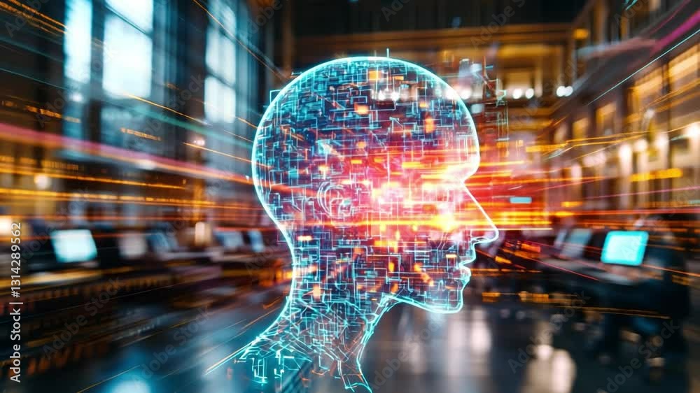 Poster modern animation of an ai head combined with tech concepts in an innovative setting