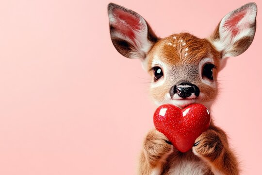 Cute deer baby with diamond red heart - emblem of love, funny greeting card. Promotion visual idea. Advertising concept. Deer - my preferred animal. Animal hearts designs. Zoo events february.