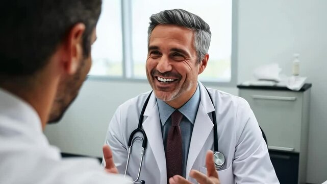 A friendly doctor smiles at a patient in a bright office. The video captures a close-up, over-the-shoulder angle, emphasizing a warm, professional interaction.