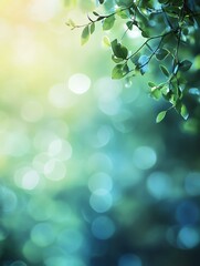 Fototapeta premium Nature bokeh background with green leaves, soft sunlight and blurred natural foliage creating a peaceful and refreshing atmosphere, peaceful nature background