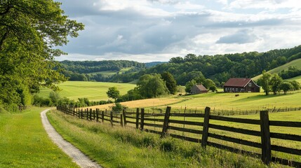 Fototapeta premium Scenic Countryside Path: A tranquil path meanders through a picturesque landscape, guided by a rustic wooden fence towards a charming red-roofed farm.