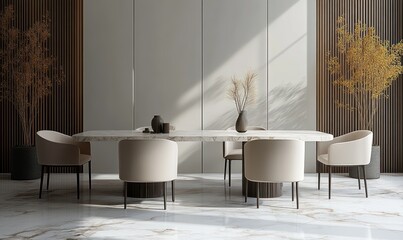 Minimalist Dining Room Modern Interior Design with Marble Floor Neutral Furniture and Soft Lighting